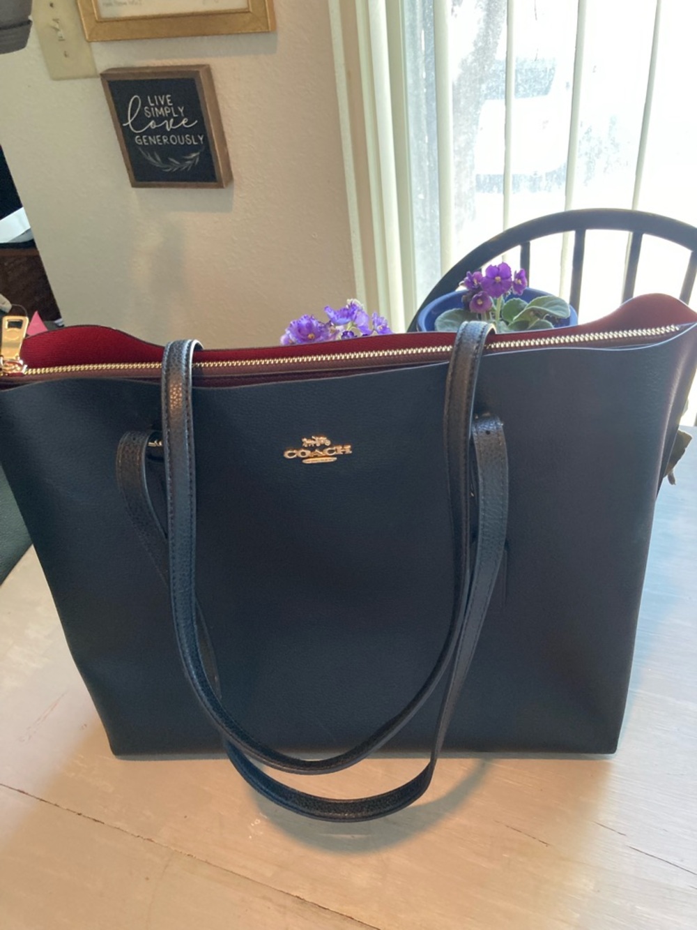 Coach Black Leather Tote with Red Interior and Gold Hardware - Picture 2 of 9